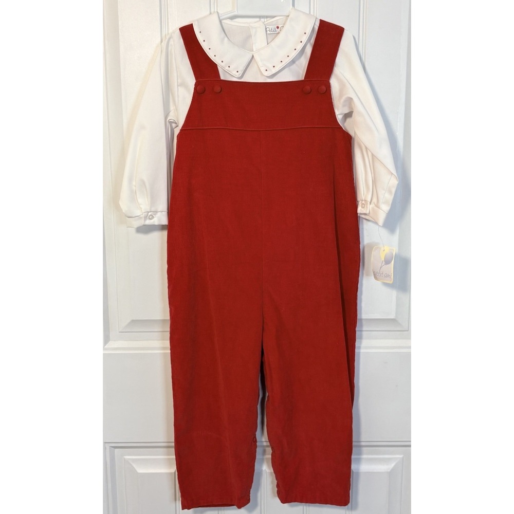 Petit Ami Red Corduroy Longall & White Peter Pan Collar Shirt Set 4T NWT